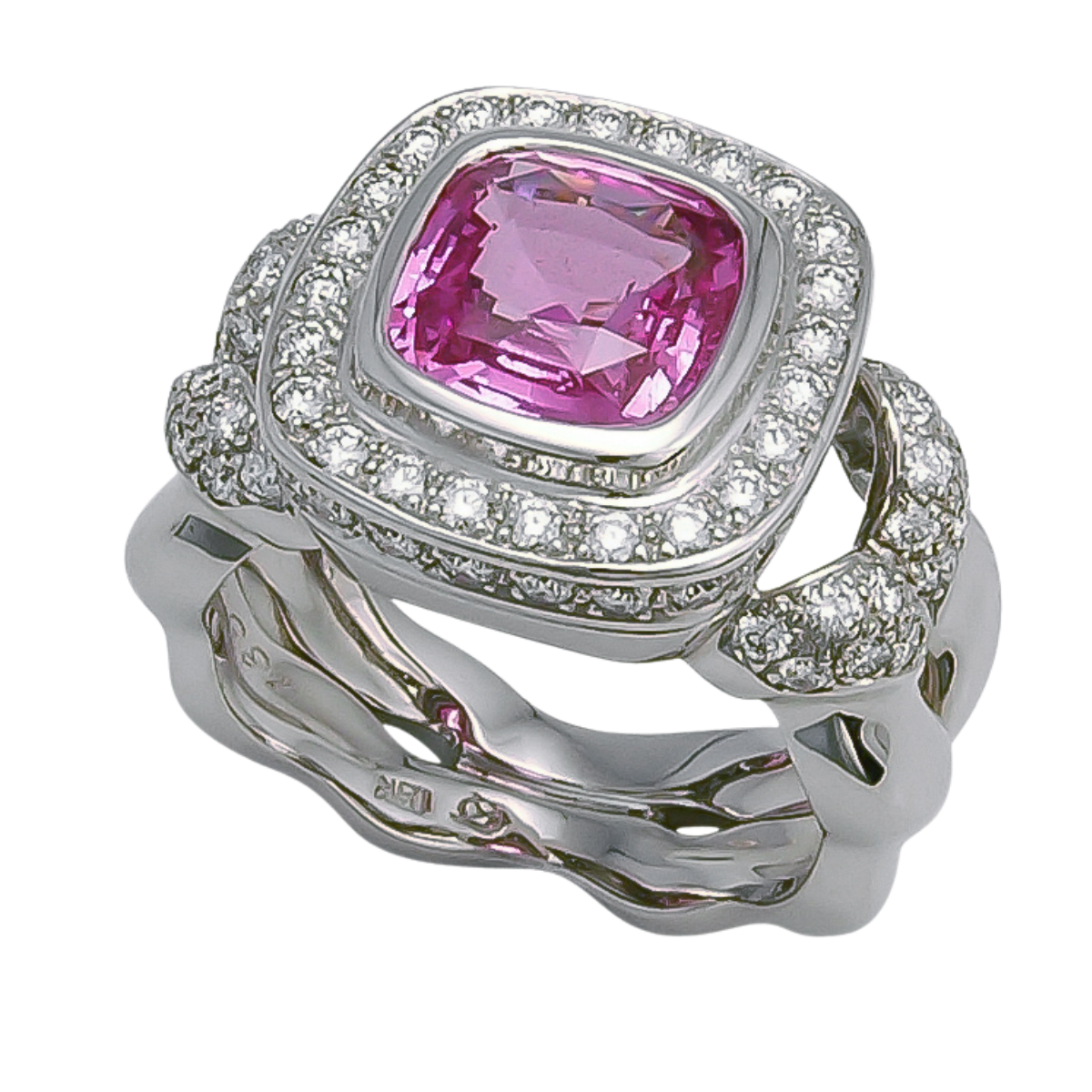 18576 Double Flowing Lines Pink Sapphire Ring Designed & Handmade by Kaufmann de Suisse in 18kt White Gold featuring one Bezel Set 3.16cts Cushion cut No Heat Pink Sapphire mounted with 80 Round B