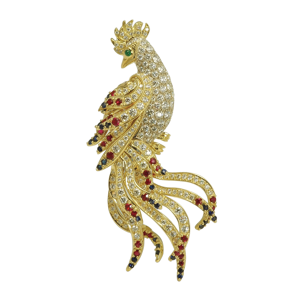 19136 Phoenix Pin Designed & Handmade by Kaufmann de Suisse in 18kt White Gold featuring 182 Round Brilliant Cut FVVS Quality Diamonds weighing a total of 5.63cts, 53 Round Brilliant cut Rubies we