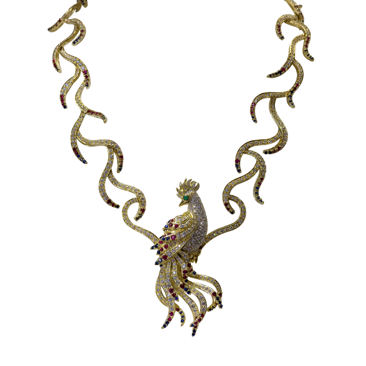 19846 Phoenix Necklace with Precious Stones and Diamonds in Yellow Gold Designed & Handmade by Kaufmann de Suisse in 18kt Yellow Gold featuring 322 Round Brililant cut FVVS Quality Diamonds (1)