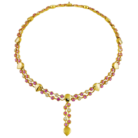22091 Double Cascade Lace Necklace Designed & Handmade by Kaufmann de Suisse in 18kt Yellow Gold featuring 74 Round Pink Sapphires weighing a total of 14.14cts and 22 Round Brilliant cut Diamonds