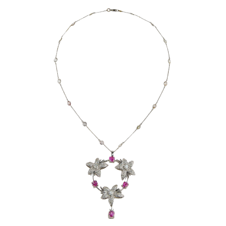22694 Jasmin de Nuit Circle of Life Pink Sapphire & Diamond Pendant Designed & Handmade by Kaufmann de Suisse in 18kt White Gold featuring 213 Round Brilliant Cut GVS Quality Diamonds weighing a t