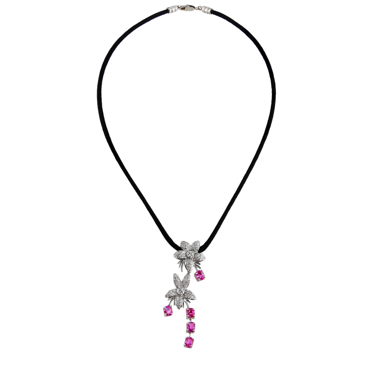 22872 Jasmin de Nuit Pink Sapphire & Diamond Pendant Designed & Handmade by Kaufmann de Suisse in 18kt White Gold featuring 72 Round Brilliant Cut GVS Quality Diamonds weighing a total of 1.22cts