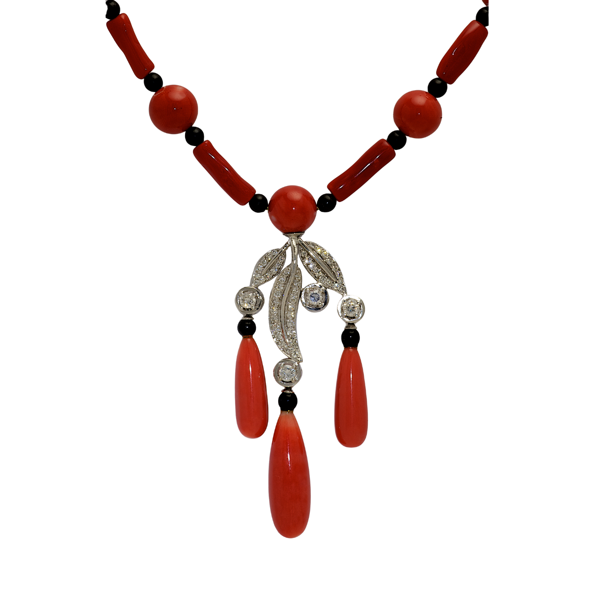22991 Feuille Diamond and Coral Necklace Designed & Handmade by Kaufmann de Suisse in 18kt White Gold featuring 11 x 10mm Red Coral Beads, Three Teardrop Red Corals measuring 21 to 27mm, 12 Red Co