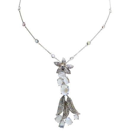 22994 Jasmin de Nuit Feuille Necklace Designed and Handmade by Kaufmann de Suisse in 18kt White Gold featuring 108 Round Brilliant Cut GSI Quality Diamon