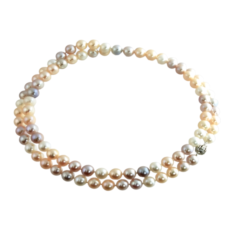 23342 34 Inch Freshwater Pearl Strand Necklace Designed and Handmade by Kaufmann de Suisse featuring 89 Peach, Pink and White Freshwater Pearls measuring 8.5 to 9.7mm strung with a 14kt White Gold