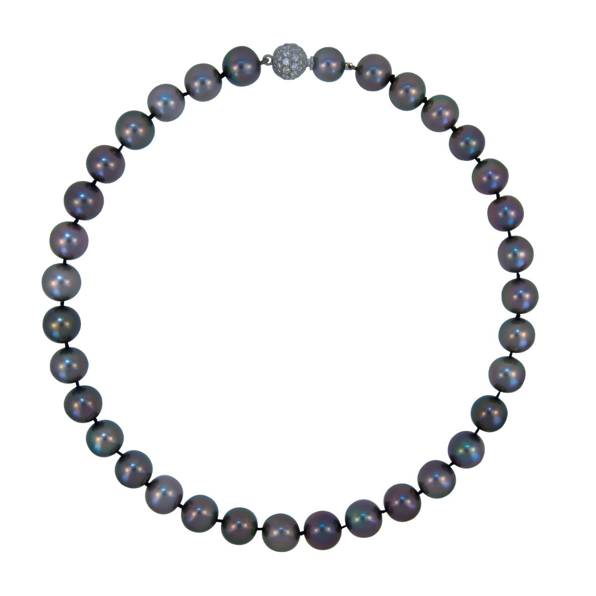 23398 17.5 Inch Tahitian Pearl Strand Necklace featuring 34 Round Peacock Color Tahitian Pearls measuring 12mm with an 18kt White Gold Tongue
