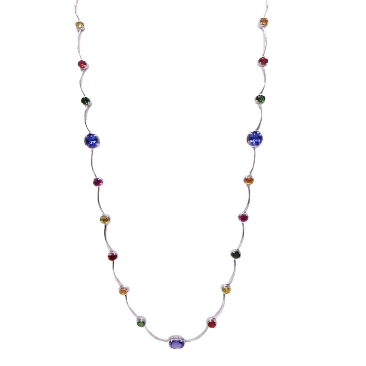 23579 Long White Gold Cascade Necklace Designed & Handmade by Kaufmann de Suisse in 18kt White Gold with Multi Color Gemstones including 7 Round Green Tourmalines weighing a total of 3.17cts