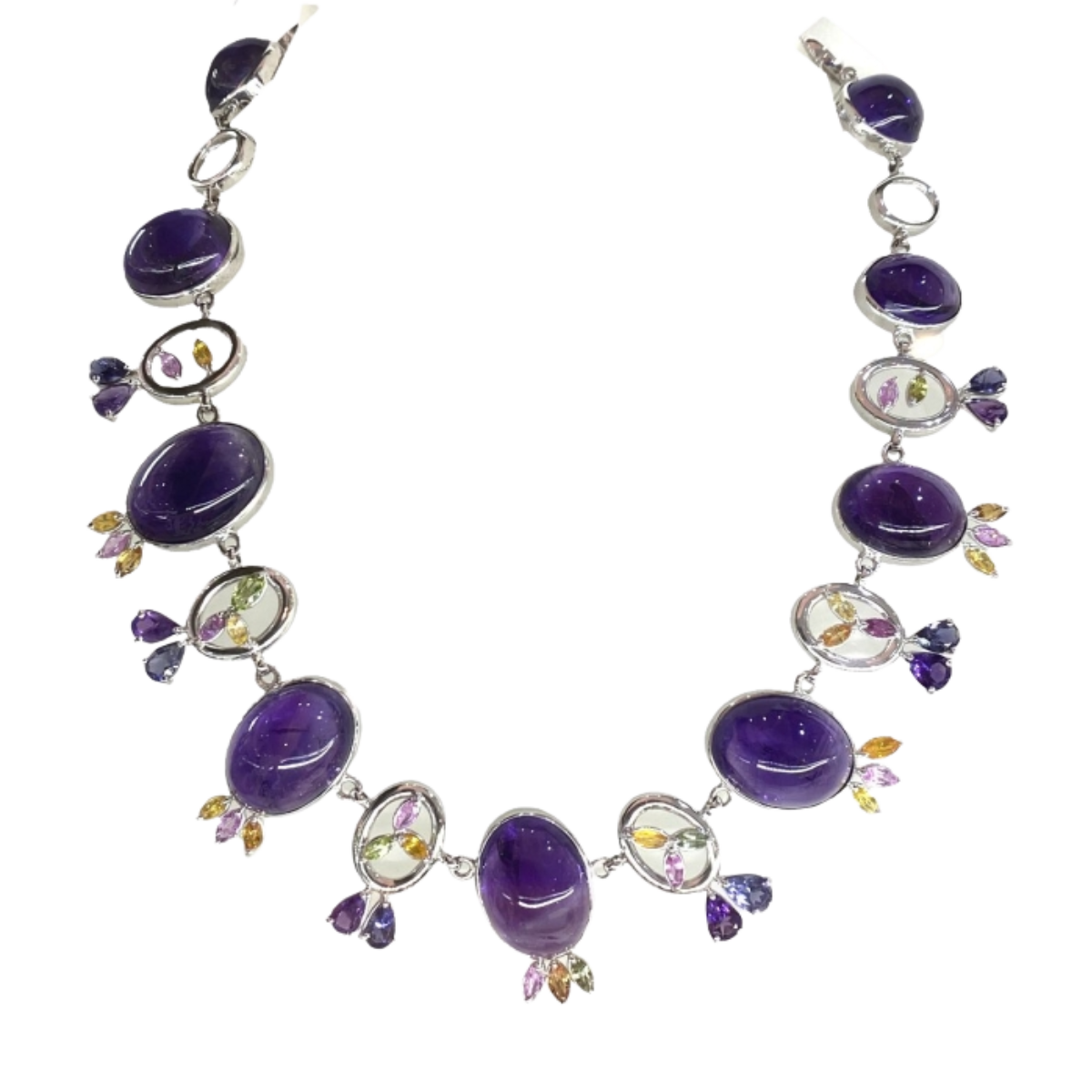 23782 Bold & Beautiful Amethyst, Sapphire & Iolite White Gold Necklace Designed & Handmade by Kaufmann de Suisse in 18kt White Gold featuring 12 Oval Cabochon Cut Amethyst weighing