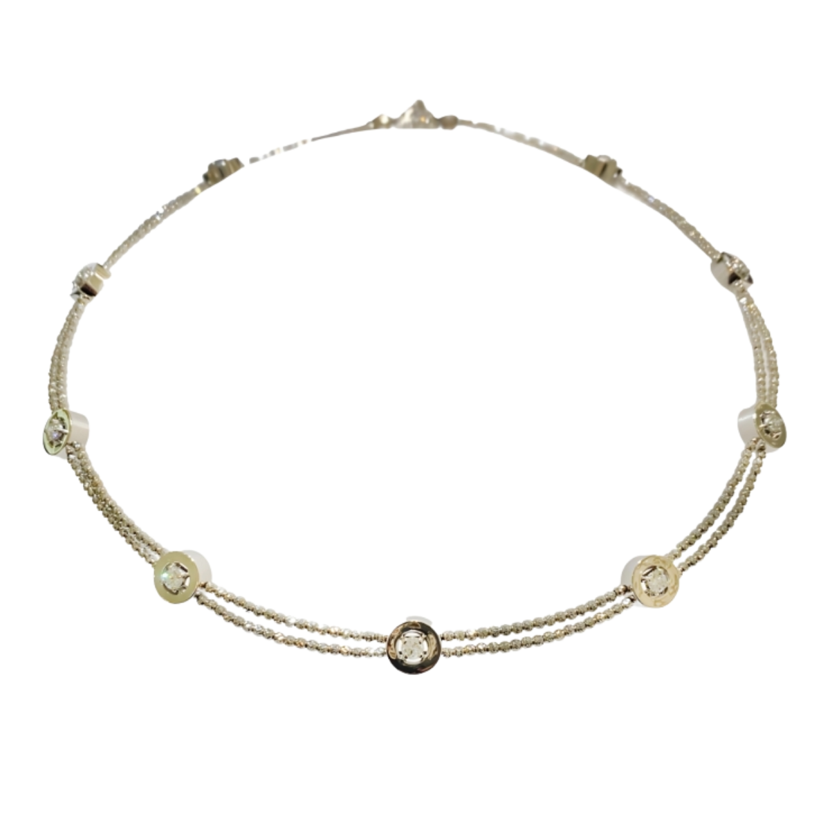 23832 Diamond Cut Bead Necklace Designed & Handmade by Kaufmann de Suisse in 18kt White Gold featuring 350 Diamond Cut 14kt White Gold Beads and 9 Diamond Stations featuring 9 Round Brilliant Cut