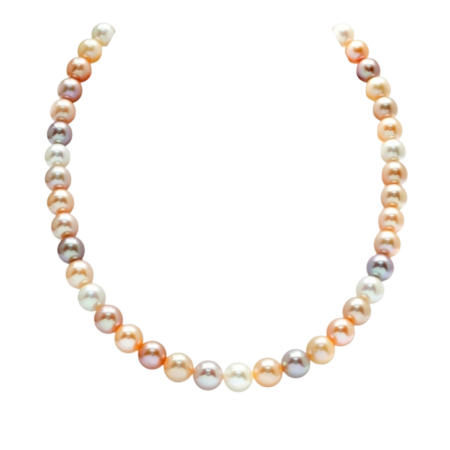 24622 17.5 Inch Multicolor South Sea & Freshwater Pearl Necklace featuring 31 Peach, Pink, Golden, Black, and White Pearls measuring 13.1 15.1mm Strung onto a 14kt Yellow Gold Ball Clasp with (1)