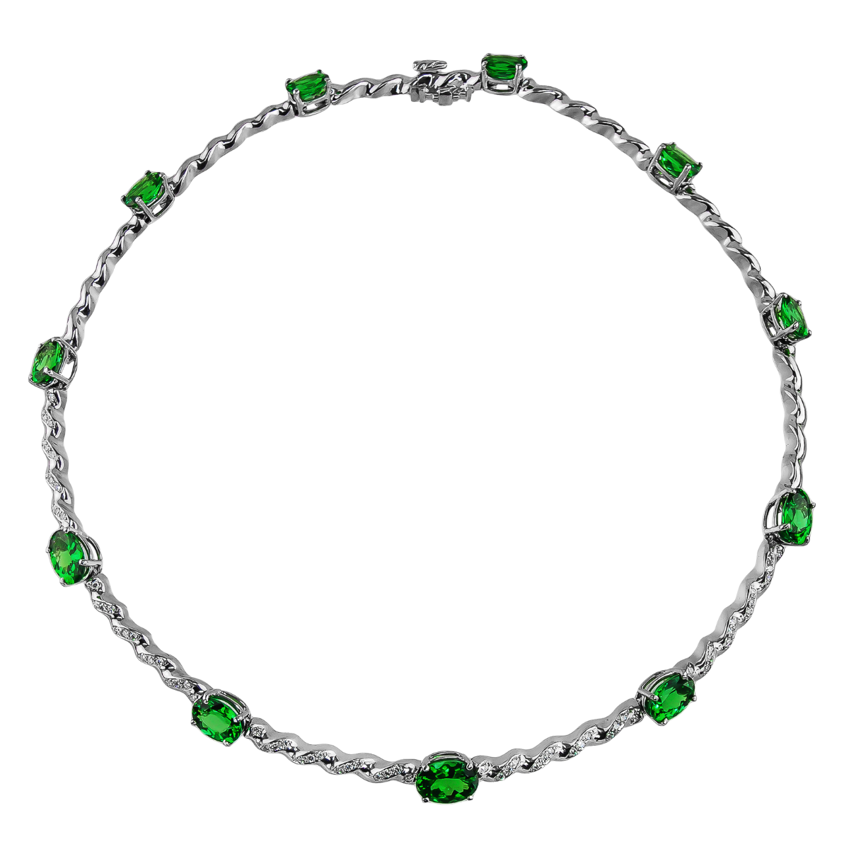 31384 Flowing Lines Tsavorite & Diamond Chocker Necklace Designed & Handmade by Kaufmann de Suisse in 18kt White Gold featuring 11 Oval Tzavorites weighing a total of 15.78cts and 70 Round Brillia