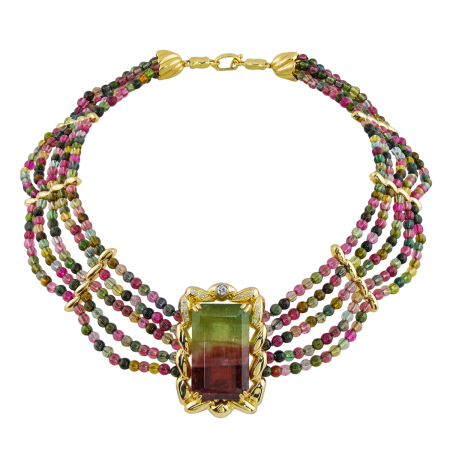 40287 Flowing Lines Multi Color Tourmaline Necklace Designed & Handmade by Kaufmann de Suisse in 18kt Yellow Gold featuring one Emerald Cut 96.32cts Watermelon Tourmaline and 17 Round Brilliant