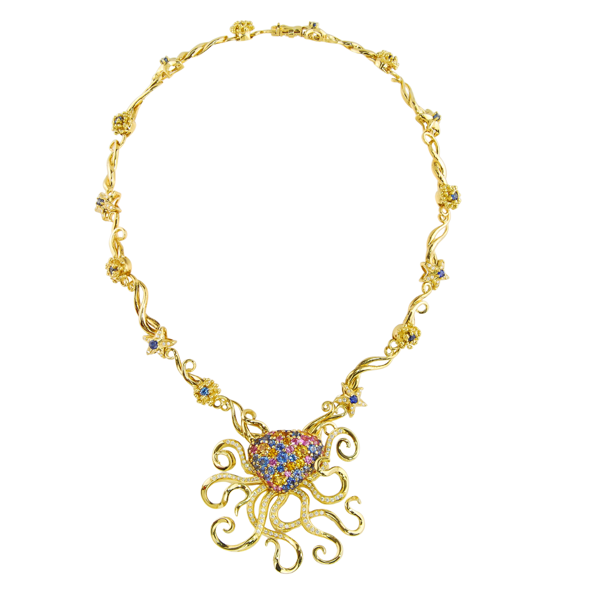40349 Octopus Necklace Designed & Handmade by Kaufmann de Suisse in 18kt Yellow Gold featuring 106 Blue, Pink and Yellow Round Sapphires weighing a total of 16.73cts and 129 Round Brilliant Cut FV