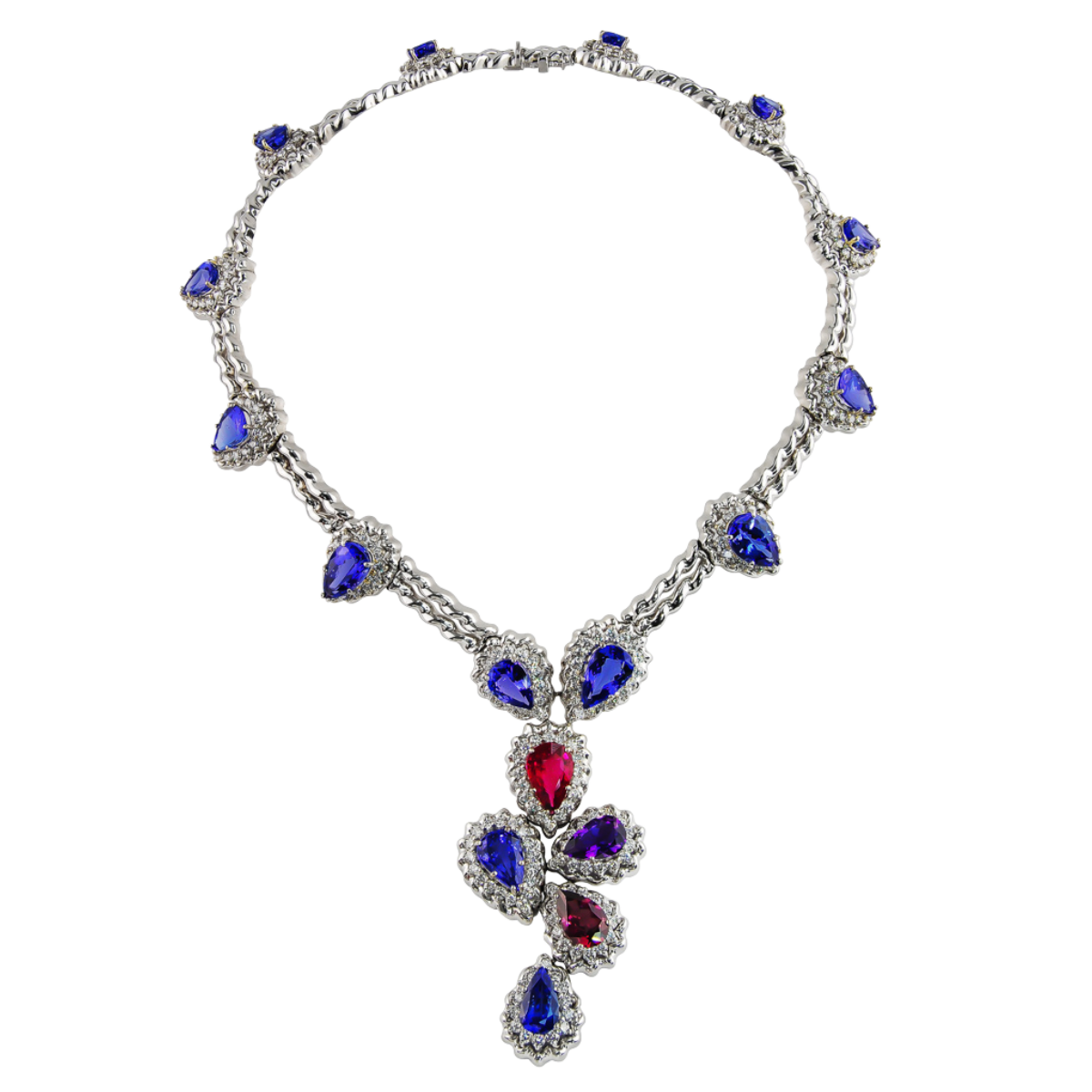 41079 Double Flowing Lines Tanzanite, Rubellite, Rhodolite, Amethyst & Diamond Necklace Designed & Handmade by Kaufmann de Suisse in 18kt White Gold featuring 14 Pear Shape Tanzanites weighing a t