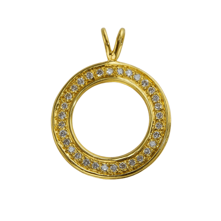 22719a Circle of Life Diamond Pendant Designed & Handmade by Kaufmann de Suisse in 18kt Yellow Gold featuring 76 Round Brilliant Cut F VVS Quality Diamonds weighing a total of 0.33cts