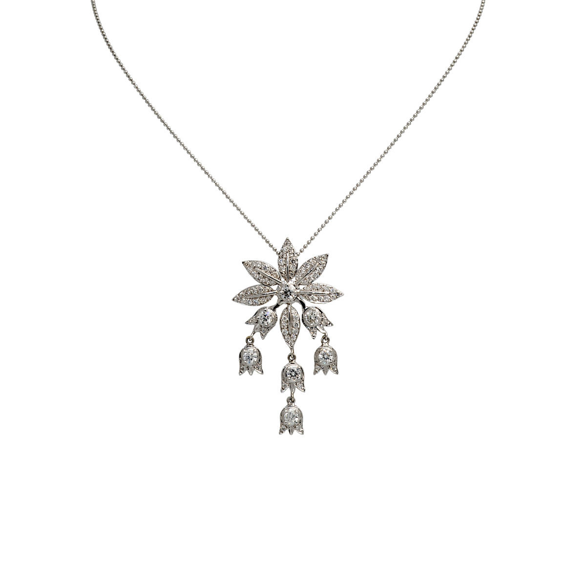 23021 Lilly of the Valley Feuille Diamond Pendant Designed & Handmade by Kaufmann de Suisse in 18kt White Gold featuring 88 Round Brilliant Cut GSI Quality Diamonds weighing a total of 0.70cts and