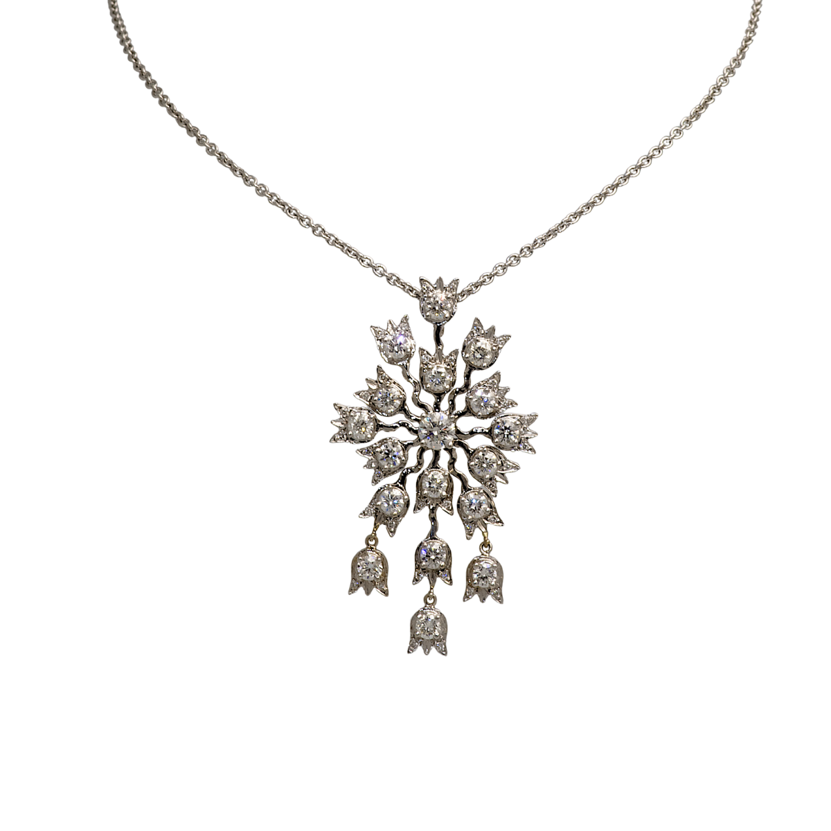 23045 Lilly of the Valley Diamond Pendant Designed & Handmade by Kaufmann de Suisse in 18kt White Gold featuring 17 Round Brilliant Cut GSI Quality Diamonds weighing a total of 3.40cts and 34 Roun